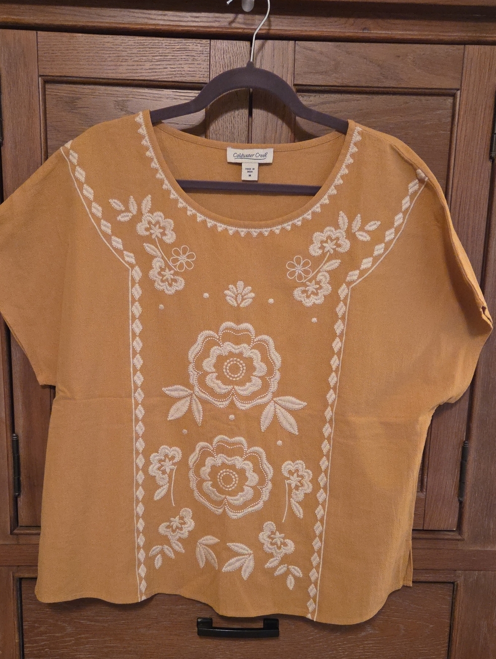 Coldwater Creek Mustard Embroidered Short-Sleeve Knit Top Size M